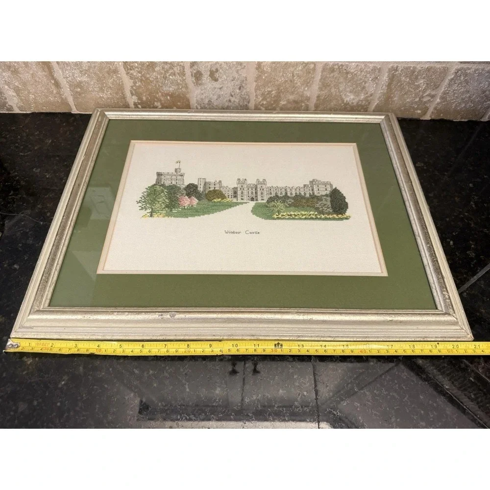 Vintage Framed Cross Stitch Windsor Castle 16x21 Wall Art UK Cottagecore